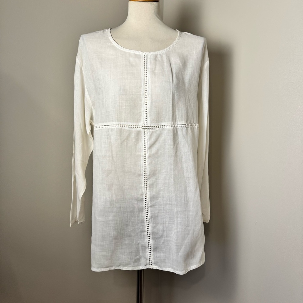 JOHNNY WAS COLLECTION 100% Linen Embroidered Tunic Top WHITE / MEDIUM